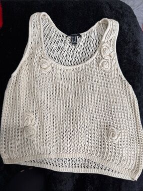 Forever 21 Cream Open-Knit Rosette Tank